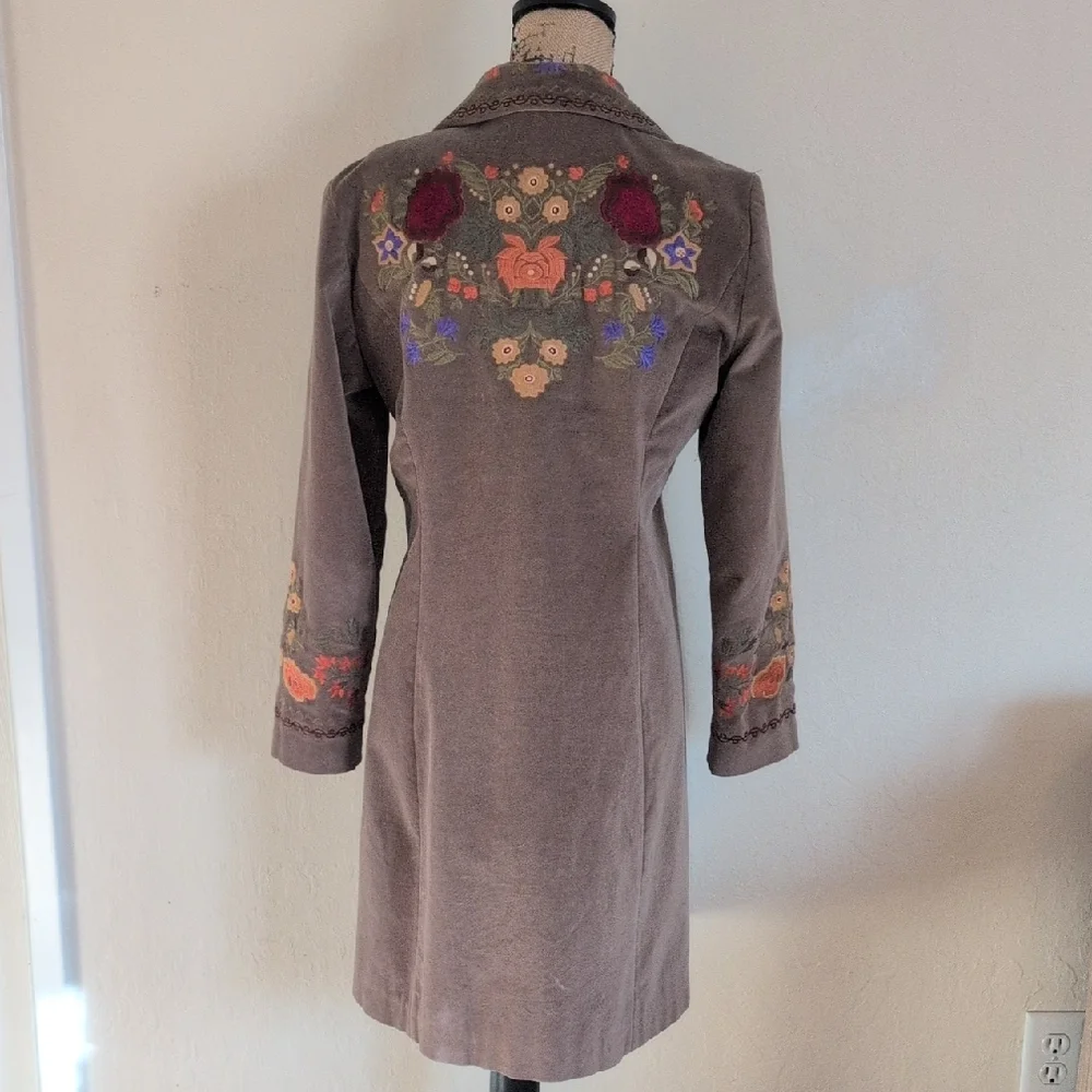J. Jill Brown Velvet Embroidered Trench Coat Size XS - Picture 4 of 13